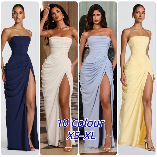 Sexy Solid Pleated Strapless Dress Lady Chic Off-shoulder Backless High Waist Split Dresses Women 2026 New Evening Party Gown