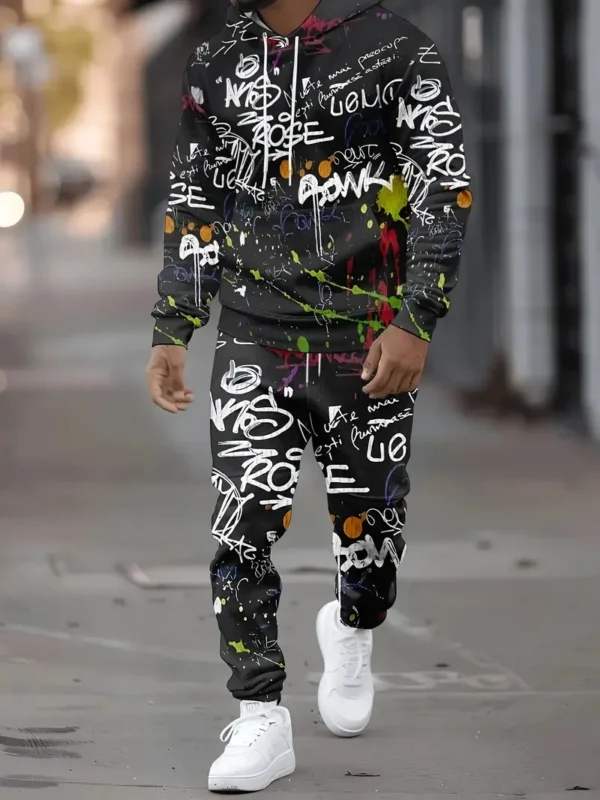 The new men's hoodie set for Spring and Autumn 2025 features a casual fashionable and comfortable 3D graffiti pattern print