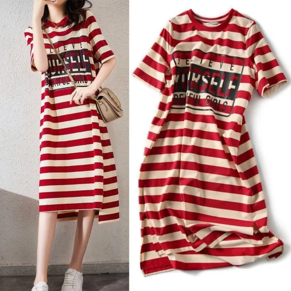 Striped Print Short Sleeve Midi Dress Summer Aesthetic Clothes Korean Fashion Casual Harajuku Dresses For Women Spring Vestidos