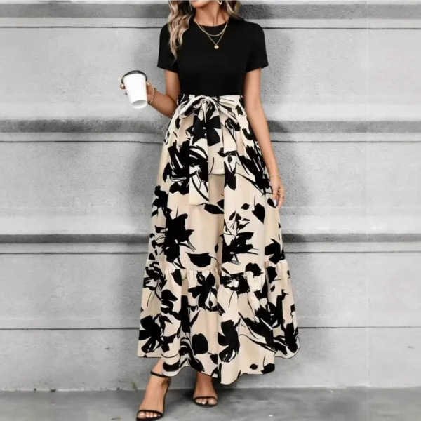 Fashionable High-Quality Floral Print Dress Elegant Personality Mid-Length A- Line Skirt Short Sleeve round Neck Commute Wear
