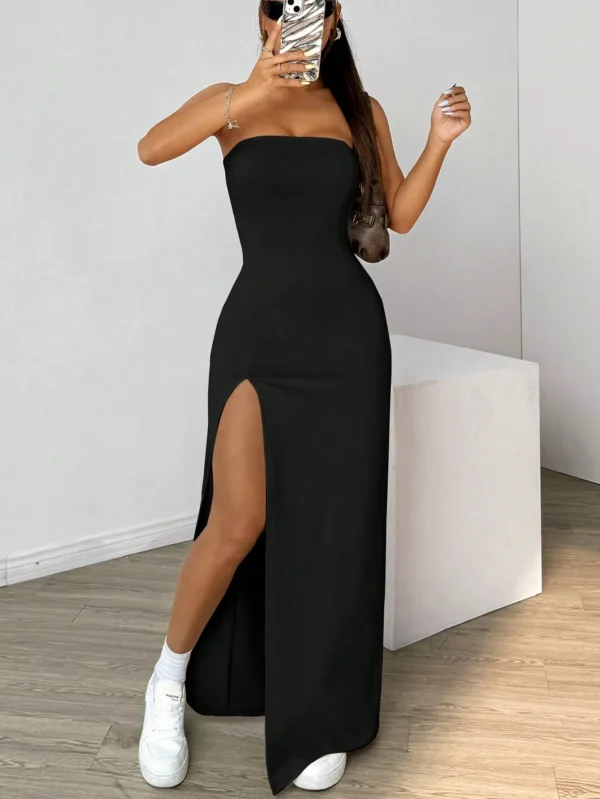 Elegant ladies strapless camisole slit simple basic solid color long dress, ideal for casual and semi-formal occasions