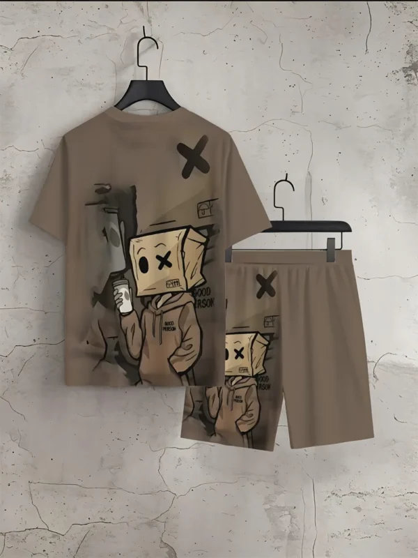 Summer fashion men's cartoon cardboard doll print breathable round neck T-shirt shorts set outdoor street casual two-piece set