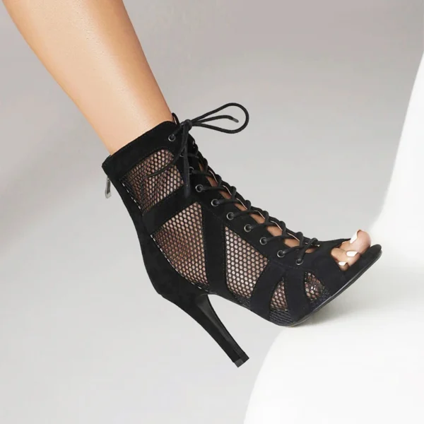 Women Latin Dance Shoes Black Boots High-Top High Heels Salsa Sandals Mesh Tango Boots Ladies Woman Party Ballroom Dance Shoes