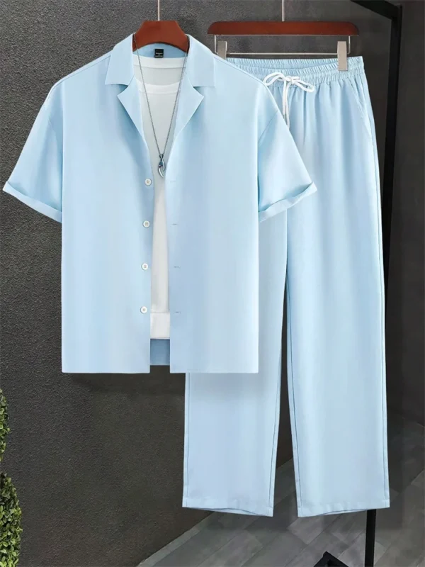 2025 Autumn Simple Solid-color Shirt 2 Pieces Long Pants Set, Urban Street Fashion Simple Men's Shirt And Long Pants Set