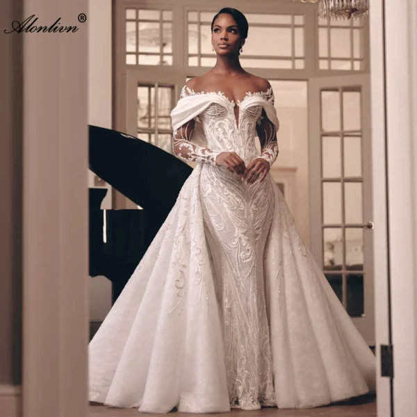 Alonlivn Custom Made Luxury Lace 2 In 1 Mermaid Wedding Dress Beading Embroidery Illusion Neck Trumpet Bridal Gowns