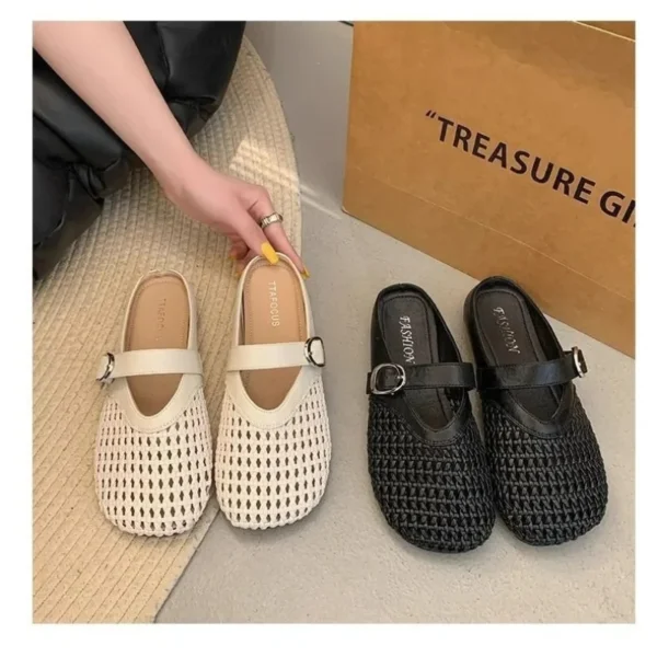 Baotou Half Slippers 2025 Summer New Shoes Mesh Breathable and Comfortable Flat Bottom Weaving Hollow out Boken Slippers Fashion