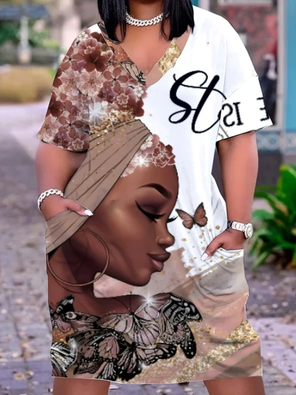 Plus Size Graphic and Letter Printed Dress,Casual Round Neck Short Sleeve Dress,Women's Plus Size Clothing