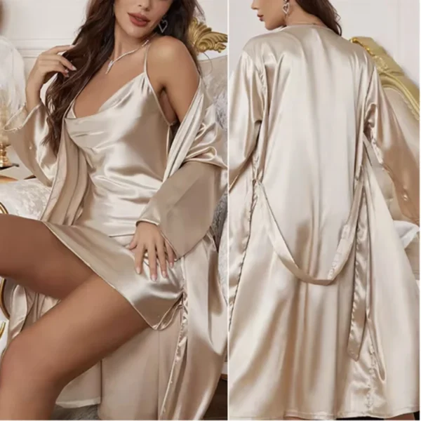 Champagne Silk Satin Bride Wedding Robe Dress Set Sexy Suspender Nightgown Lingerie New Women's Sleepwear Bathrobe Gown Homewear