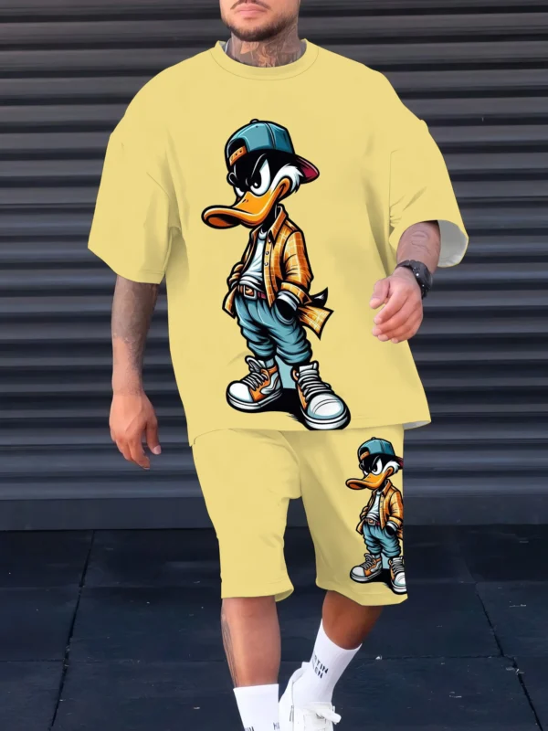 The 2025 summer new men's suit features an interesting cartoon duck print casual and fashionable polyester men's wear