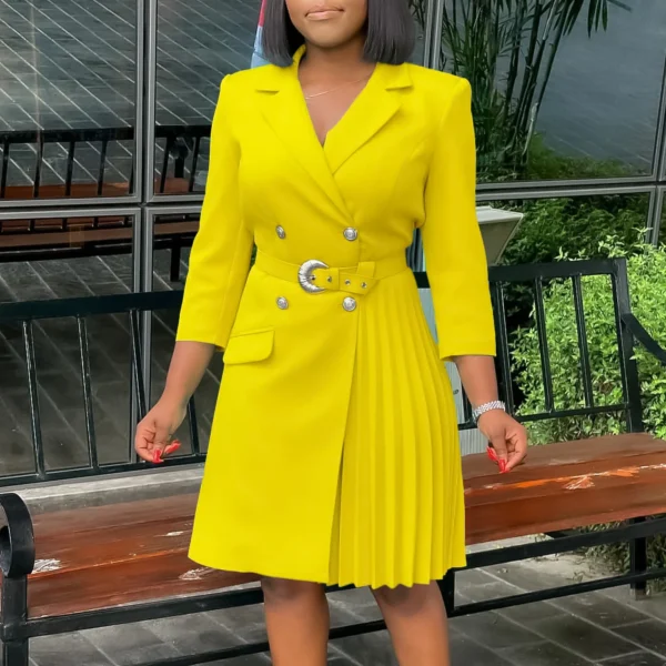 Plus Size Elegant Dresses Women Bright Yellow Blazer Dress Double Breasted Pleated A Line Office Work Party Fashion Dress