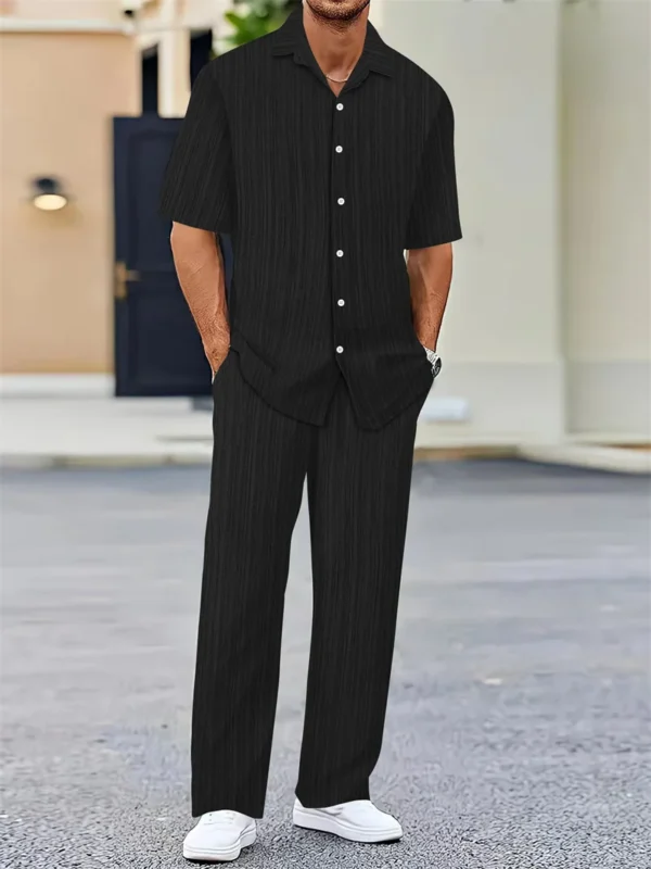spring Summer Men Sets short-sleeve cardigan lapel shirt+trousers suit men's fashion 2 pieces tracksuit striped leisure suit