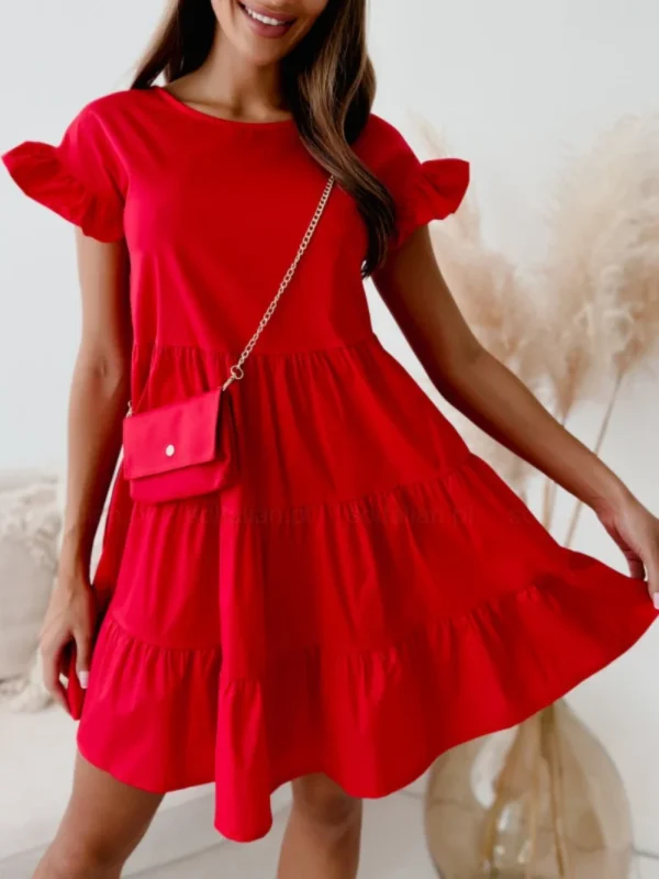 Fashion Women Summer Solid Color A-Line Dress Patchwork Design O-Neck Flare Short Sleeve Loose Waist Pullovers Mini Dress