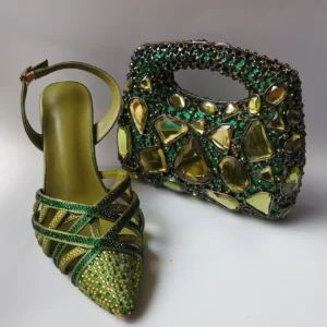 INSIGHTLINK Luxury Olive Green Rhinestones Women's Shoe and Bag Set for Party Wedding Crystals Heeled Pumps and Handbag Sandals